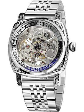 Men's Silver Square Mechanical Stainless Steel Self-Wind Carved Automatic Watch